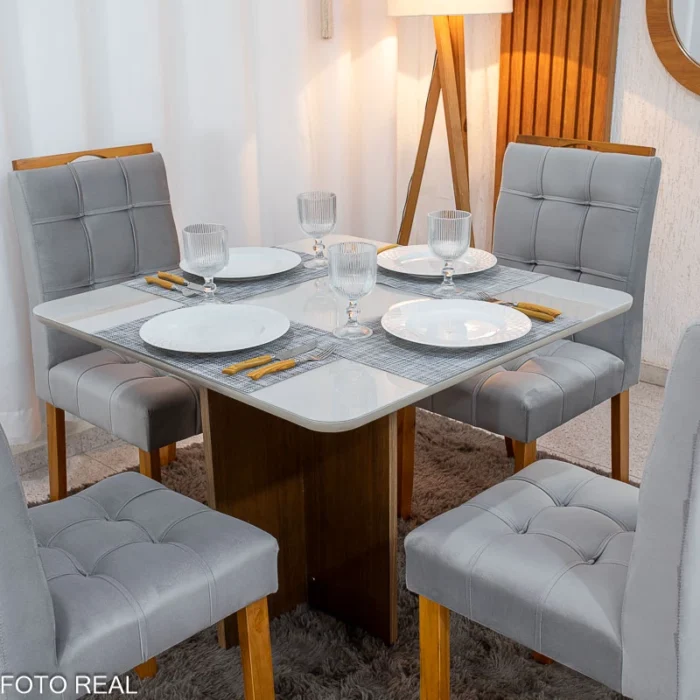 Mesa de Jantar Moscou 90x90 Cinamomo/Off Tampo Vidro Off 4 Cadeiras Londres Veludo Madeira Maciça Minas Plac - (rf) - Imagem 11