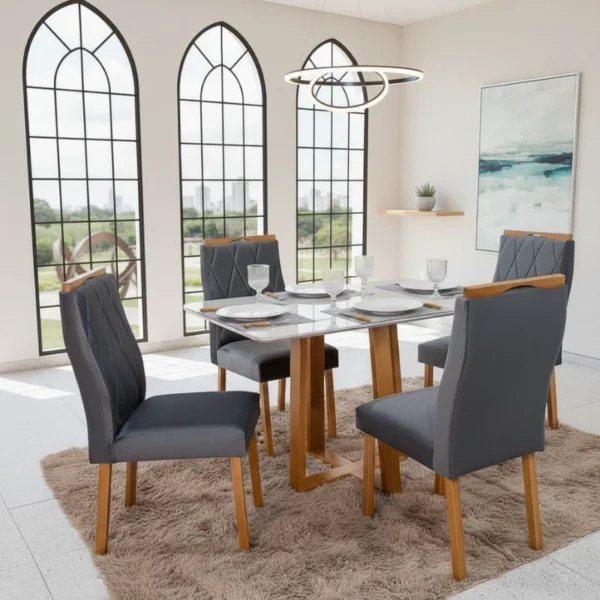 Mesa de Jantar Pedro Mel Vidro Off 120×80 4 Cadeiras Lisboa Veludo  Madeira Maciça Art Assento - Entregue Montada.R