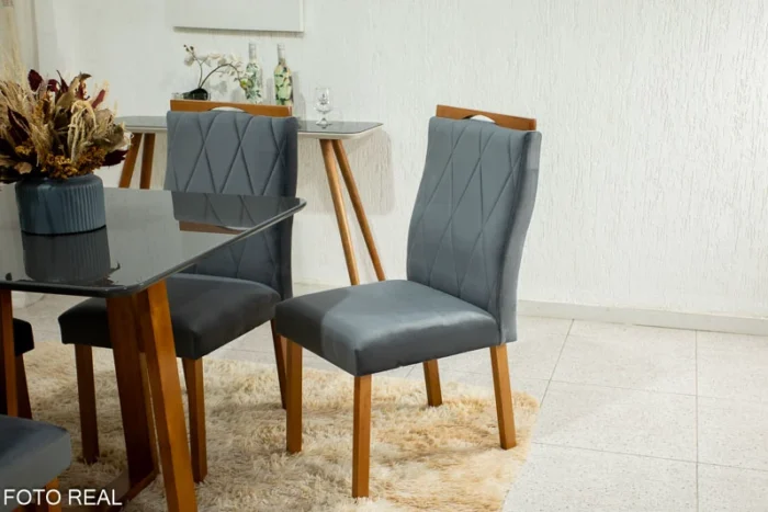Mesa de Jantar Pedro Mel Vidro Off 90×90 4 Cadeiras Lisboa Veludo  Madeira Maciça Art Assento - Entregue Montada  (rf) - Imagem 3