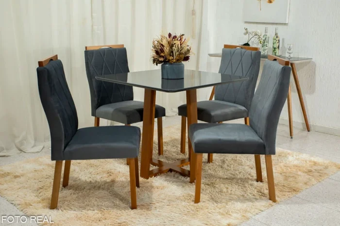 Mesa de Jantar Pedro Mel Vidro Off 90×90 4 Cadeiras Lisboa Veludo  Madeira Maciça Art Assento - Entregue Montada  (rf) - Imagem 2