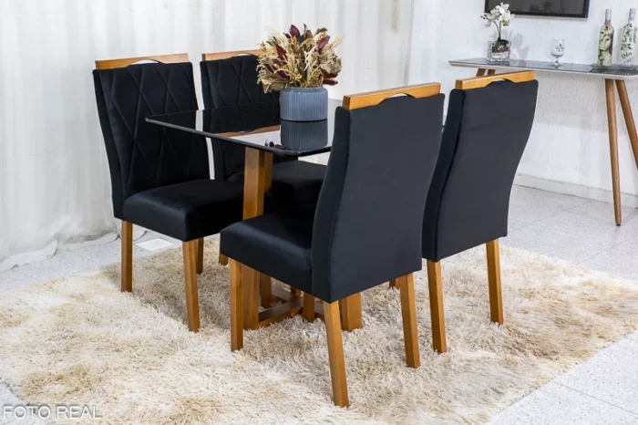 Mesa de Jantar Pedro Mel Vidro Off 90×90 4 Cadeiras Lisboa Veludo  Madeira Maciça Art Assento - Entregue Montada  (rf) - Imagem 6