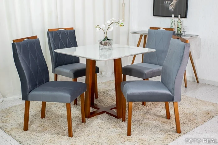 Mesa de Jantar Pedro Mel Vidro Off 90×90 4 Cadeiras Lisboa Veludo  Madeira Maciça Art Assento - Entregue Montada  (rf) - Imagem 9