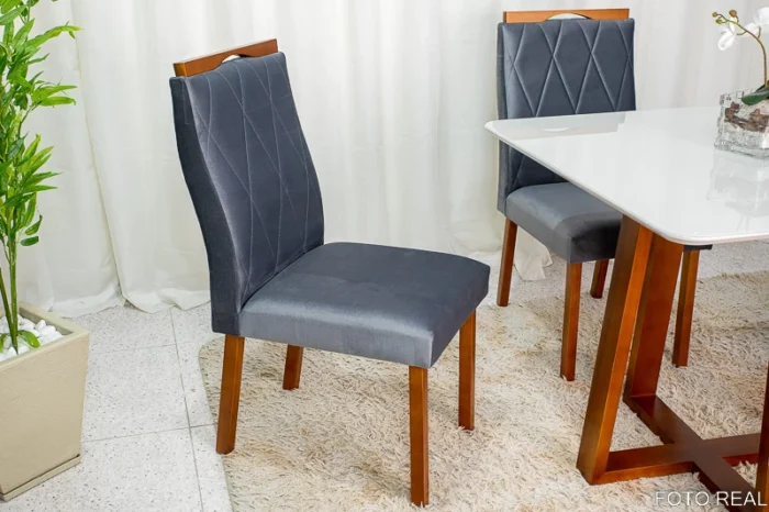 Mesa de Jantar Pedro Mel Vidro Off 90×90 4 Cadeiras Lisboa Veludo  Madeira Maciça Art Assento - Entregue Montada  (rf) - Imagem 10