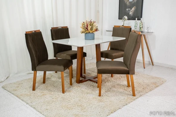 Mesa de Jantar Pedro Mel Vidro Off 120×80 4 Cadeiras Lisboa Veludo Marrom 509 Madeira Maciça Art Assento - Entregue Montada (rf)