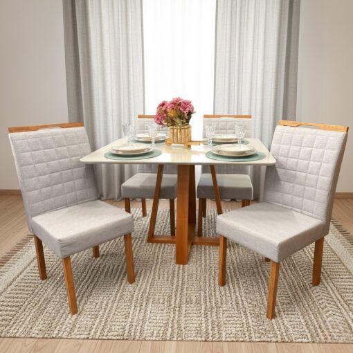 Mesa Pedro 120 Mel/Off White com 4 Cadeiras Pandora 01 Veludo 38 – ART ASSENTOS + CARVALHO DECOR