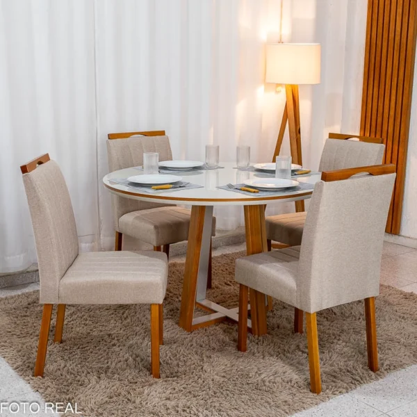 Mesa de Jantar Atlanta Redonda 120cm Vidro Off/Base Madeira + 4 Cad. Isabela Linho  Madeira KM Decor - Entregue Montada R
