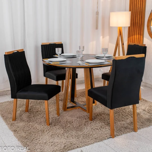 Mesa de Jantar Atlanta Redonda 120cm Vidro Preto/Base Madeira + 4 Cad. Genova Veludo Madeira- Entregue Montada R