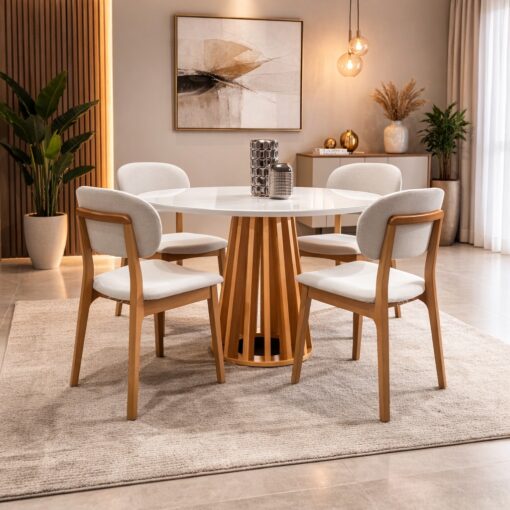 Mesa Berlim 100 Cinamomo/Off White com 4 Cadeiras Gaya Linho Bege 01 – CEL MÓVEIS + J SILVA MÓVEIS.T