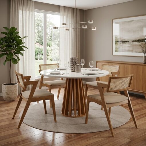 Mesa Berlim 100 Cinamomo/Off White com 4 Cadeiras Zeus Linho Bege – CEL MÓVEIS + SALA VIP MOVELARIA.T