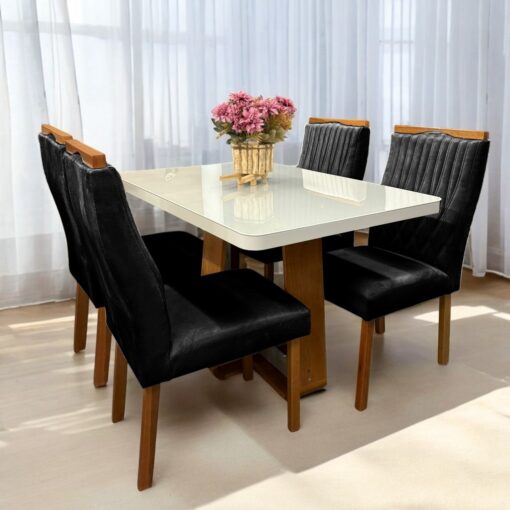 Mesa Sintonia (Tampo Maxi) 120 Amêndoa Clean/Off White com 4 Cadeiras Gênova Veludo Preto – LOPAS + ART ASSENTOS.T