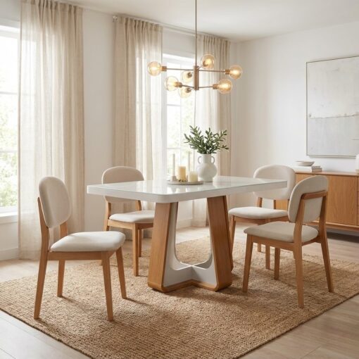 Mesa Sintonia (Tampo Maxi) 120 Amêndoa Clean/Off White com 4 Cadeiras Gaya Linho Bege 01 – LOPAS + J SILVA MÓVEIS.T