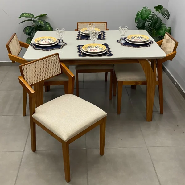Mesa de Jantar Agata 135x90cm com Vidro e 4 Cadeiras Berlim Hr em Linho Madeira Lj Móveis.p