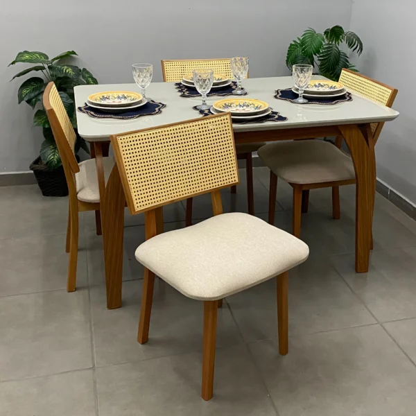 Mesa de Jantar Agata 135x90cm com Vidro e 4 Cadeiras Diamante em Linho Madeira Lj Móveis.p