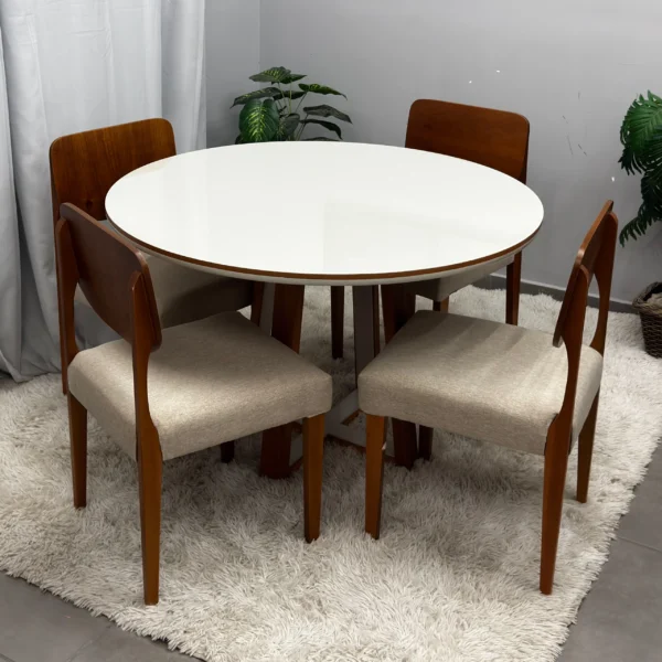 Mesa de Jantar Atlanta 100cm Redonda com Vidro e 4 Cadeiras Barcelona em Linho Madeira Minas Plac.P