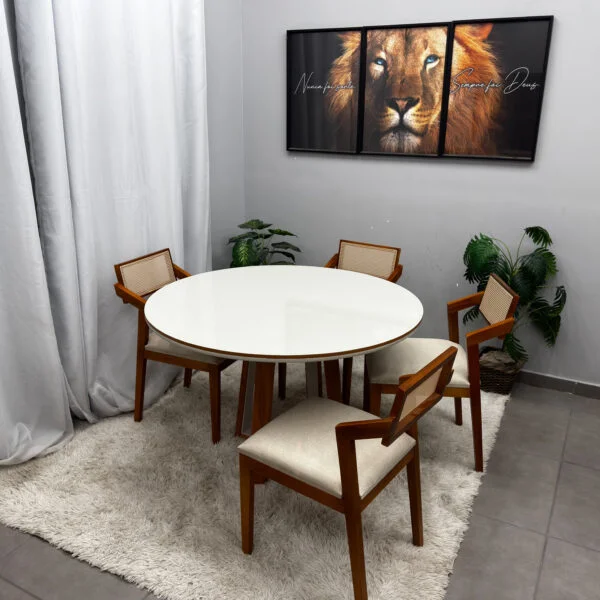 Mesa de Jantar Atlanta 100cm Redonda com Vidro e 4 Cadeiras Berlim Hr em Linho Madeira Minas Plac.P