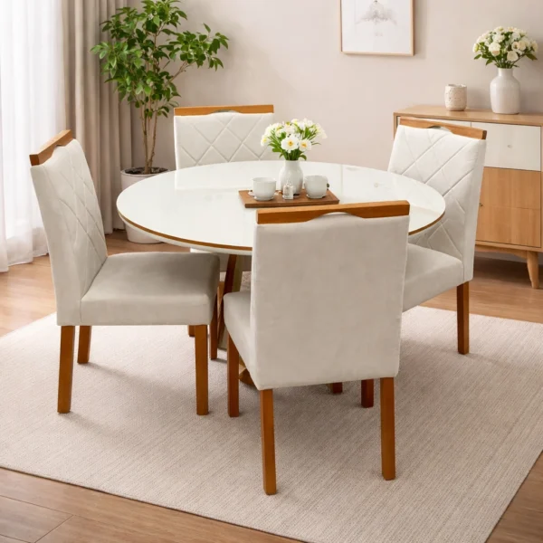 Mesa de Jantar Atlanta 100cm Redonda com Vidro e 4 Cadeiras California em Linho Estofadas Minas Plac.P