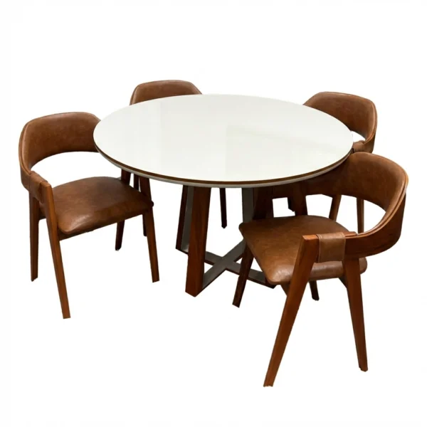 Mesa de Jantar Atlanta 100cm Redonda com Vidro e 4 Cadeiras Perola em Corino Madeira Minas Plac.P
