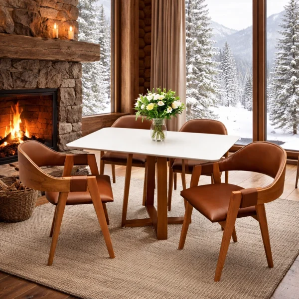 Mesa de Jantar Bali 120x90cm com Vidro e 4 Cadeiras Perola em Corino Madeira Minas Plac.P