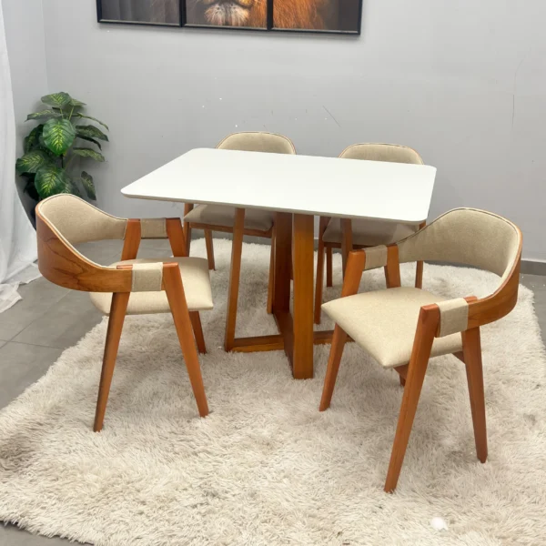 Mesa de Jantar Bali 120x90cm com Vidro e 4 Cadeiras Perola em Linho Madeira Minas Plac.P