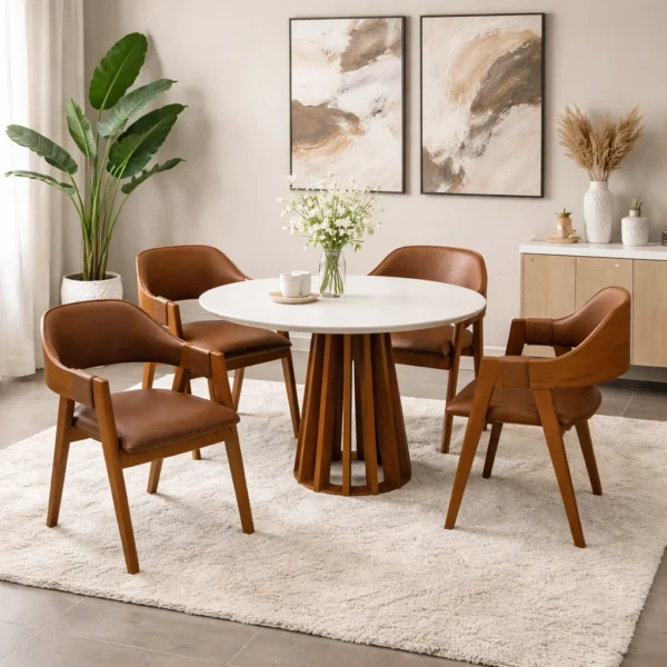 Mesa de Jantar Berlim 100cm Redonda com Vidro e 4 Cadeiras Perola em Corino Madeira Cel Móveis.P