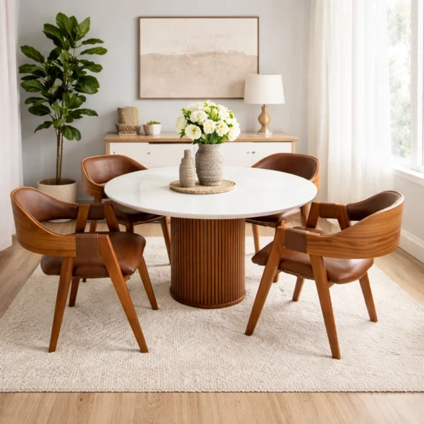 Mesa de Jantar Dara 110cm Redonda com Vidro e 4 Cadeiras Perola em Corino Madeira Lj Móveis.P