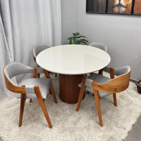 Mesa de Jantar Dara 110cm Redonda com Vidro e 4 Cadeiras Perola em Linho Madeira Lj Móveis.P