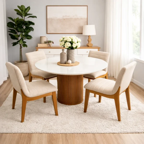 Mesa de Jantar Dara 110cm Redonda com Vidro e 4 Cadeiras Sofia em Linho Estofadas Lj Móveis.P