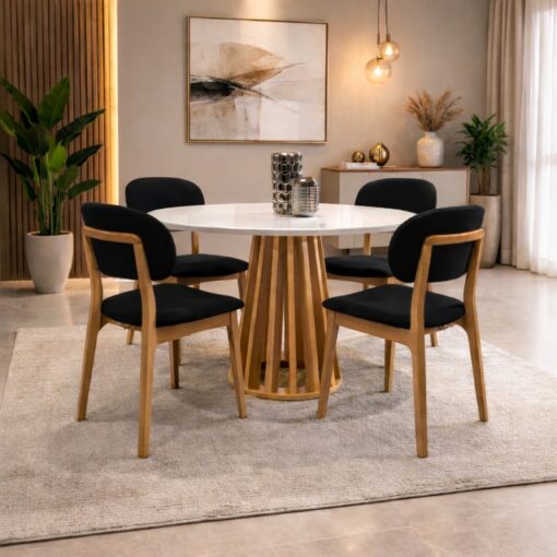 Mesa Berlim 100 Cinamomo/Off White com 4 Cadeiras Gaya Linho Preto 09 – CEL MÓVEIS + J SILVA MÓVEIS.T