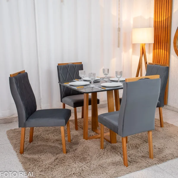 Mesa de Jantar Pedro 90×90 Vidro Grafite/Base Madeira + 4 Cad. Lisboa Veludo Grafite 507 Madeira Art Assento - Entregue Montada.R