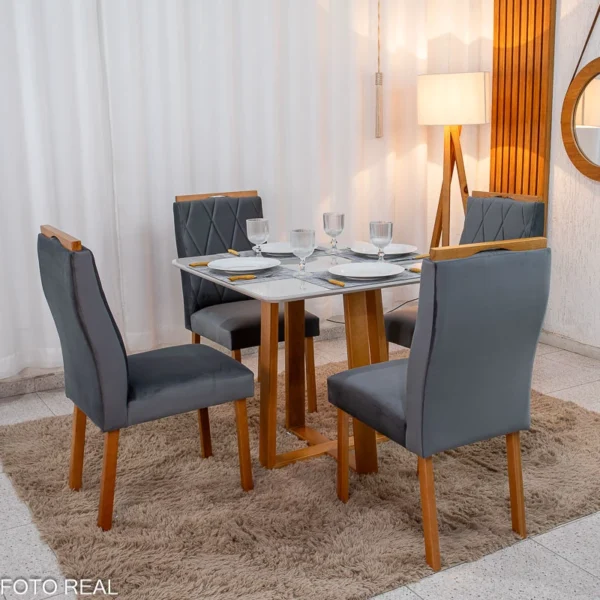 Mesa de Jantar Pedro 90×90 Vidro Off/Base Madeira + 4 Cad. Lisboa Veludo Cinza 507 Madeira Art Assento - Entregue Montada.R