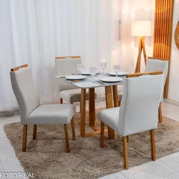 Mesa de Jantar Pedro 90x90 Vidro Off/Base Madeira + 4 Cad. Lisboa Veludo Bege 512 Madeira Art Assento - Entregue Montada.R