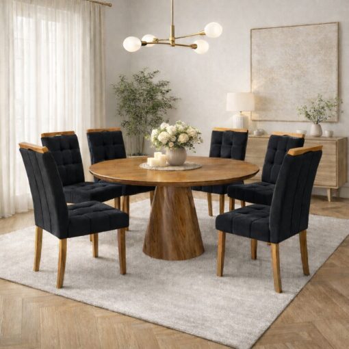 Mesa Redonda Malva 130 Mel com 6 Cadeiras Sophia Veludo  – J SILVA MÓVEIS + WM DECOR tt