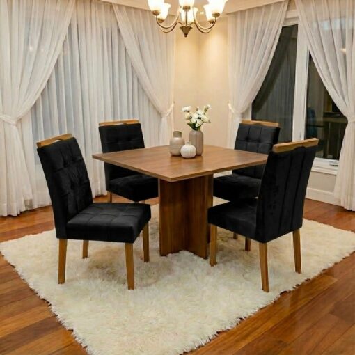 Mesa Salinas 100 (Tampo Dakota s/ vidro) Cinamomo com 4 Cadeiras Sophia Veludo Preto – CEL MÓVEIS + WM DECOR.T