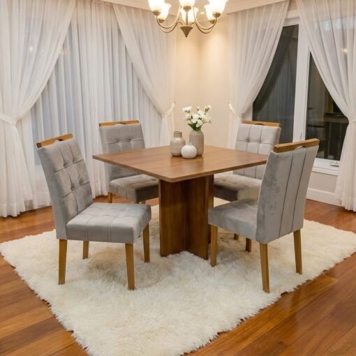 Mesa Salinas 100 (Tampo Dakota s/ vidro) Cinamomo com 4 Cadeiras Sophia Veludo Bege – CEL MÓVEIS + WM DECOR.T