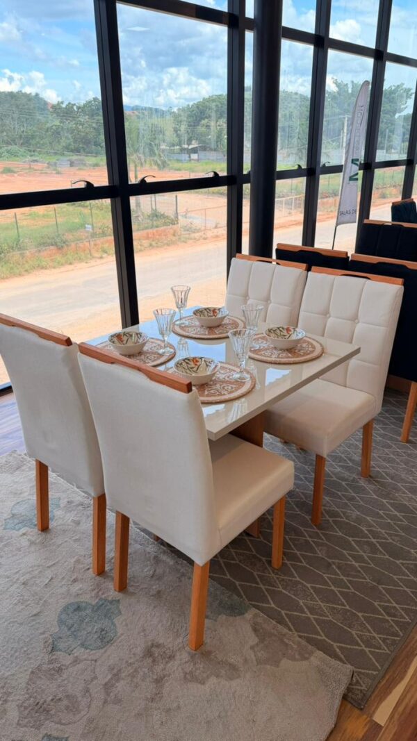 Mesa de Jantar Los Angeles 90×90 Tampo MDF Vidro Off 4 Cad. Bello Linho Bege Madeira Maciça.T