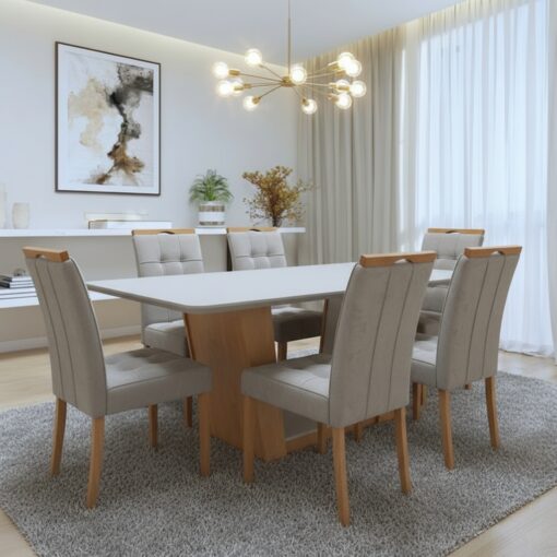 Mesa Apogeu (Tampo Maxi) 170 Amêndoa Clean/Off White com 6 Cadeiras Sophia Veludo – LOPAS + WM DECOR tt - Imagem 4