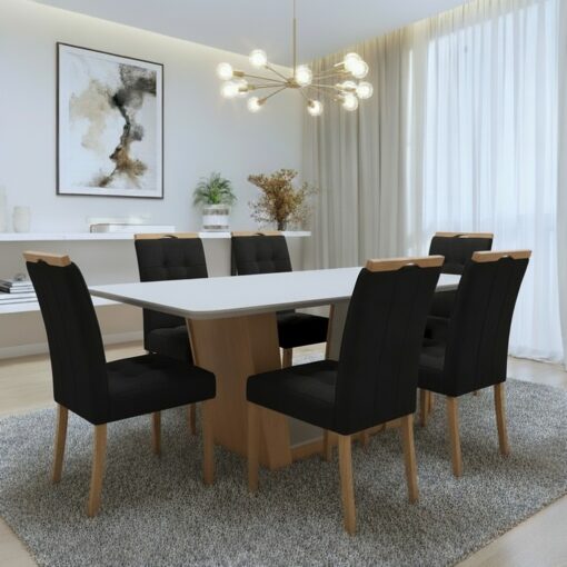 Mesa Apogeu (Tampo Maxi) 170 Amêndoa Clean/Off White com 6 Cadeiras Sophia Veludo – LOPAS + WM DECOR tt