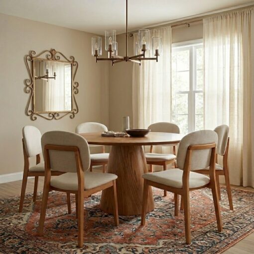 Mesa Redonda Malva 130 Mel com 6 Cadeiras Gaya Mel/Linho  – J SILVA MÓVEIS