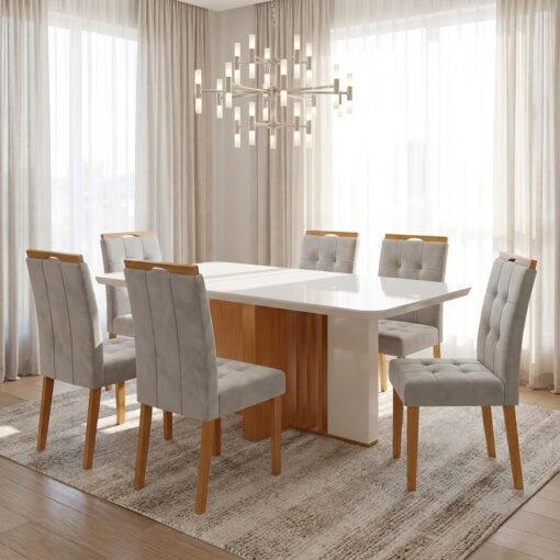 Mesa Astrid (Tampo Maxi) 170 Amêndoa Clean/Off White com 6 Cadeiras Sophia Veludo – LOPAS + WM DECOR tt