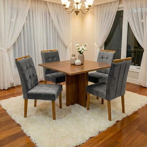 Mesa Salinas 100 (Tampo Londres s/ vidro) Cinamomo com 4 Cadeiras Sophia Veludo Cinza Grafite – CEL MÓVEIS + WM DECOR.T