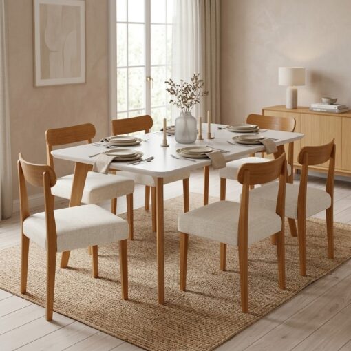 Mesa Anne 180 Mel/Off White com 6 Cadeiras Maragogi Linho Palha 311A – HR MOVELARIA tt