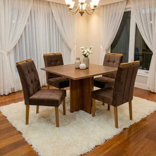 Mesa Salinas 100 (Tampo Dakota s/ vidro) Cinamomo com 4 Cadeiras Sophia Veludo Marrom – CEL MÓVEIS + WM DECOR.T
