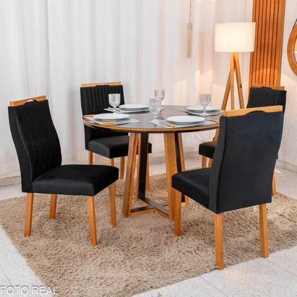 Mesa de Jantar Atlanta Redonda 120cm Vidro Preto/Base Madeira Minas Plac + 4 Cad. Lisboa Veludo Preto 504 Madeira Art Assentos - Entregue Montada.R