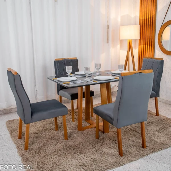 Mesa de Jantar Pedro 120x80 Vidro Grafite/Base Madeira + 4 Cad. Lisboa Veludo Cinza 507 Madeira Art Assento - Entregue Montada.R