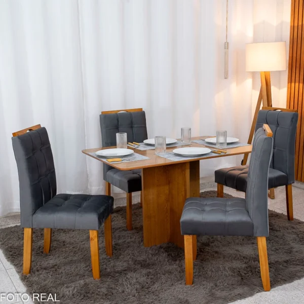Mesa de Jantar Salina 120x80 Tampo Londres Cinamomo Cel + 4 Cad. Londres Veludo Chumbo Madeira Minas Plac - Entregue Montada.R