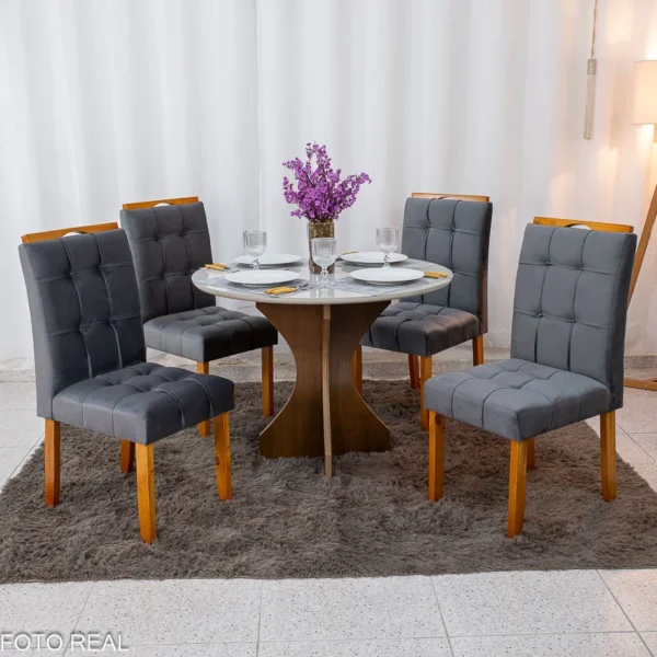 Mesa de Jantar Siena Redonda 100cm Vidro Off/Base Cinamomo + 4 Cad. Londres Veludo Chumbo Madeira Minas Plac - Entregue Montada.R