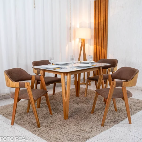 Mesa de Jantar Siena 120x90 Vidro Off/Base Madeira + 4 Cad. Florença Madeira Korino Marrom 671 - Art Assento.R