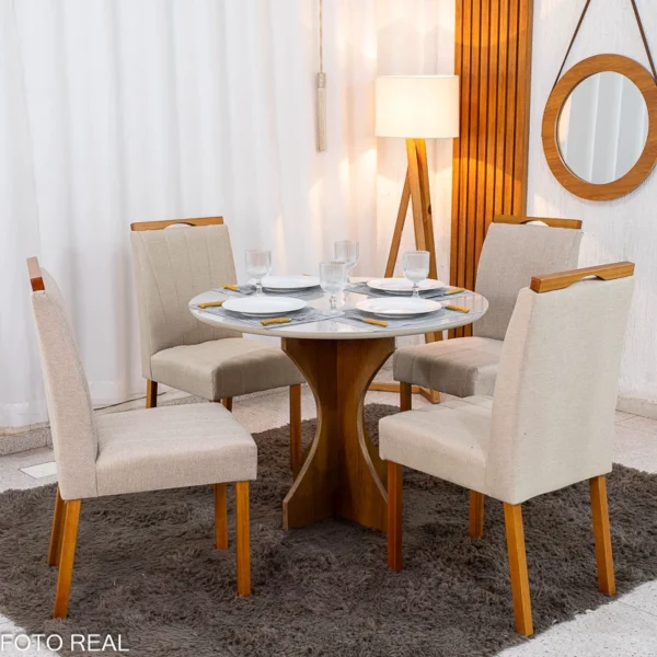 Mesa de Jantar Siena Redonda 100cm Vidro Off/Base Cinamomo - Minas Plac + 4 Cad. Isabela Linho Bege 01 Madeira KM Decor - Entregue Montada.R