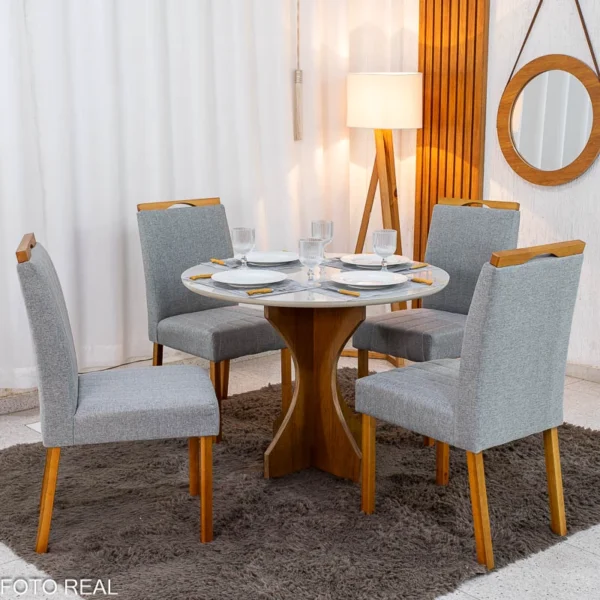 Mesa de Jantar Siena Redonda 100cm Vidro Off/Base Cinamomo - Minas Plac + 4 Cad. Isabela Linho Cinza 05 Madeira KM Decor - Entregue Montada,R