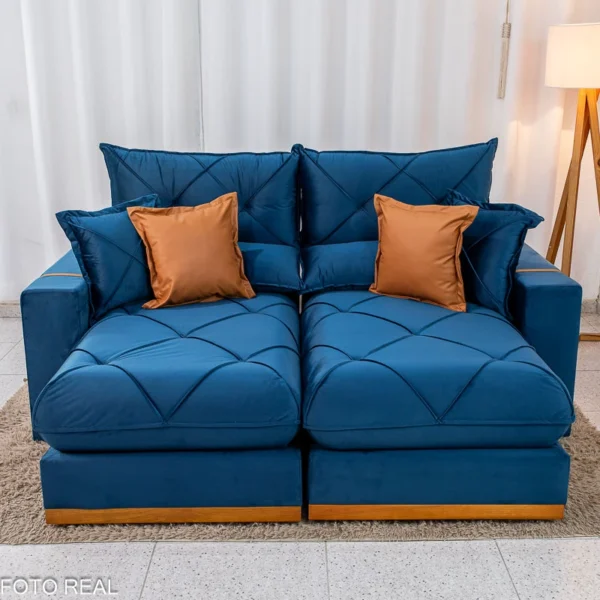 Sofá Retrátil Reclinável Gran Bello 2.00m Veludo Azul - Molas Ensacadas.R